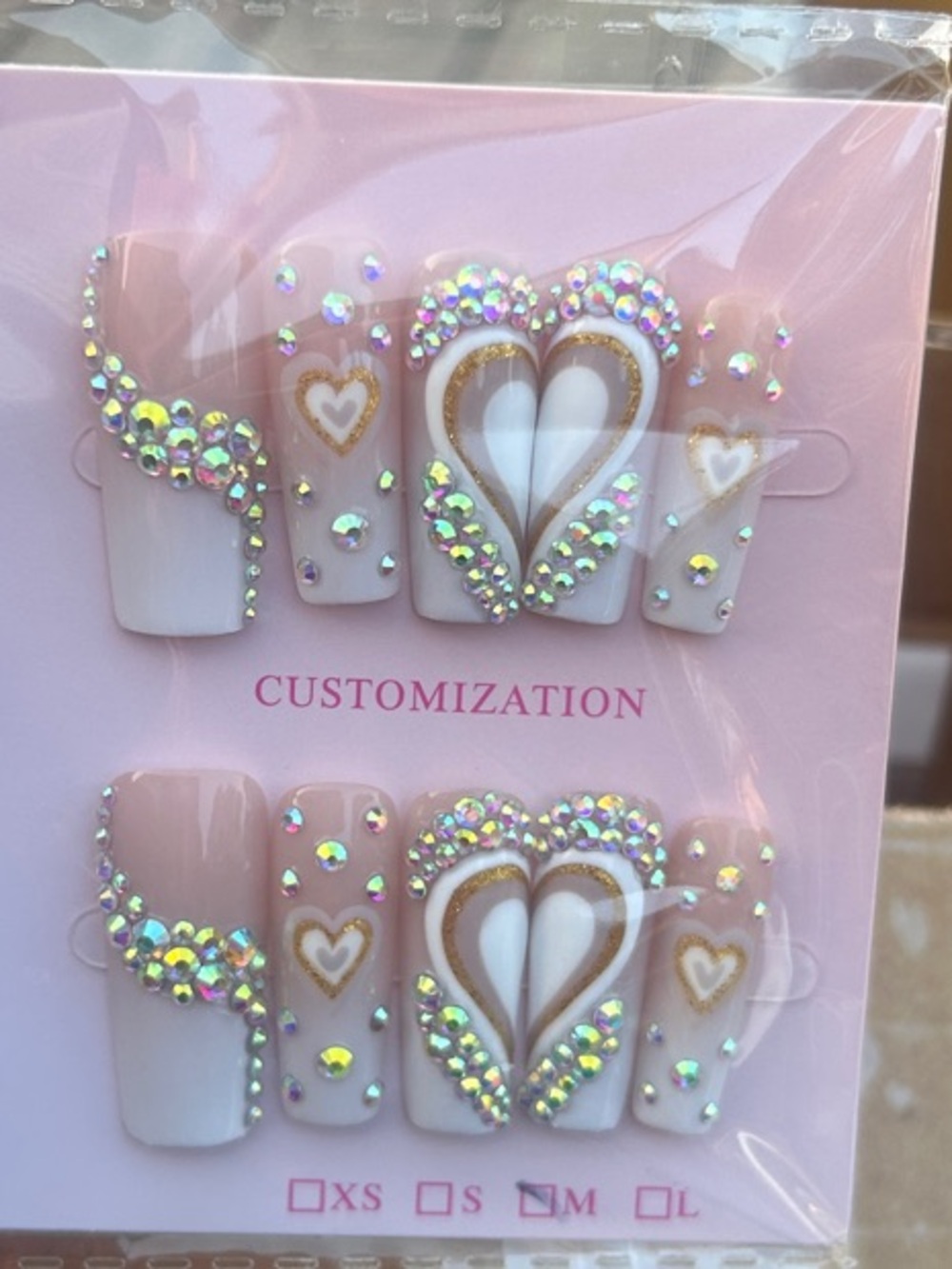 Meiyiyi Pink Rhinestone Heart Press-On Nails